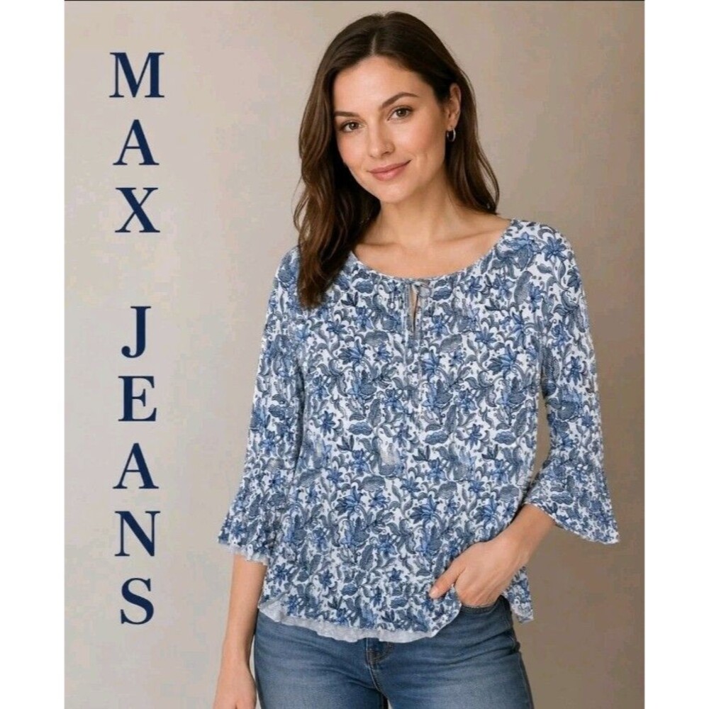NWT Max Jeans Womens S Blue White Floral Ruffles 3/4 Flare Sleeve Blouse Top